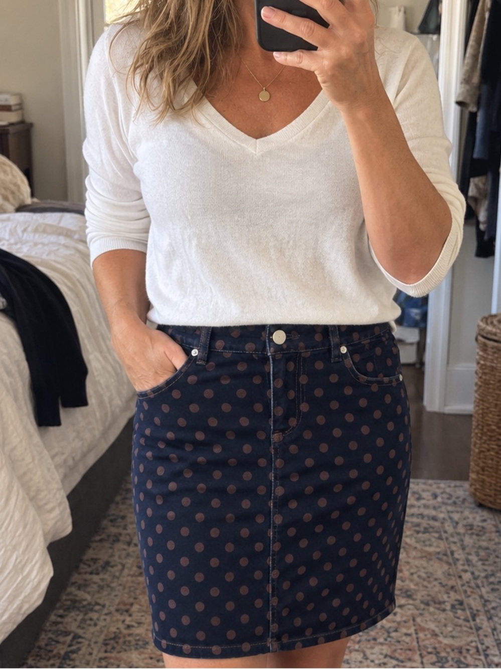Pilcro Anthropologie Denim Pencil Skirt 29 Navy Polka Dot Stretch Jean Pockets